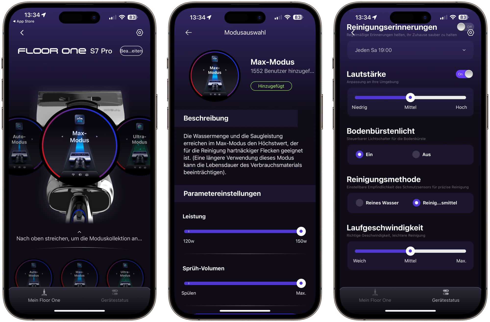 Screenshots der Tineco Life App mit dem Tineco Floor One S7 Pro