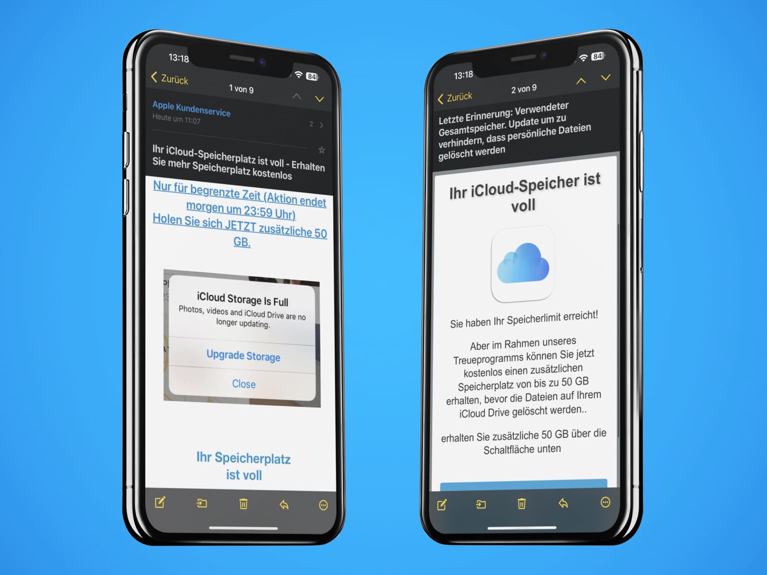 Zwei iPhone-Screenshots eines iCloud-Phishing-Versuchs