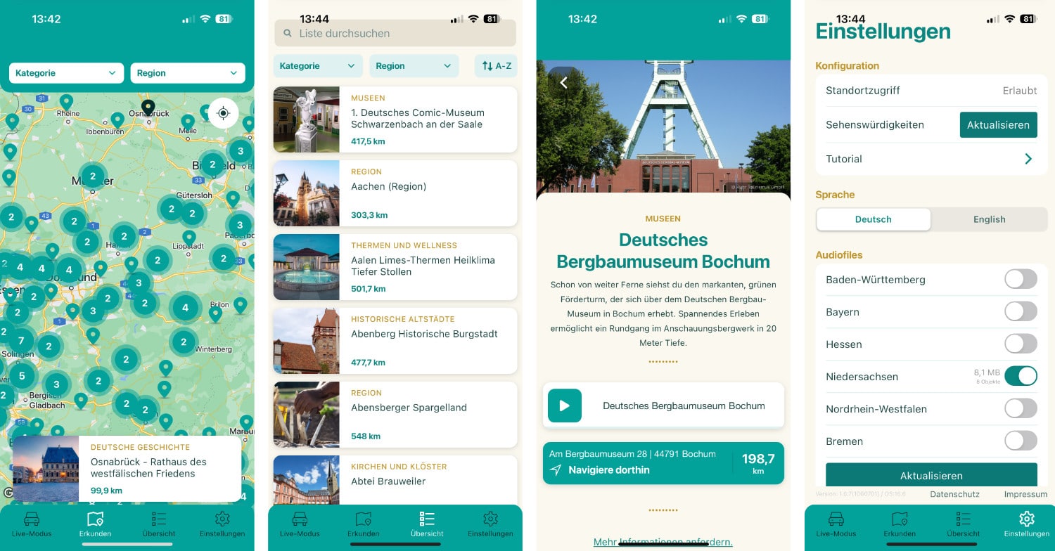 Vier Screenshots der iOS-App Maqnify Erlebnisguide