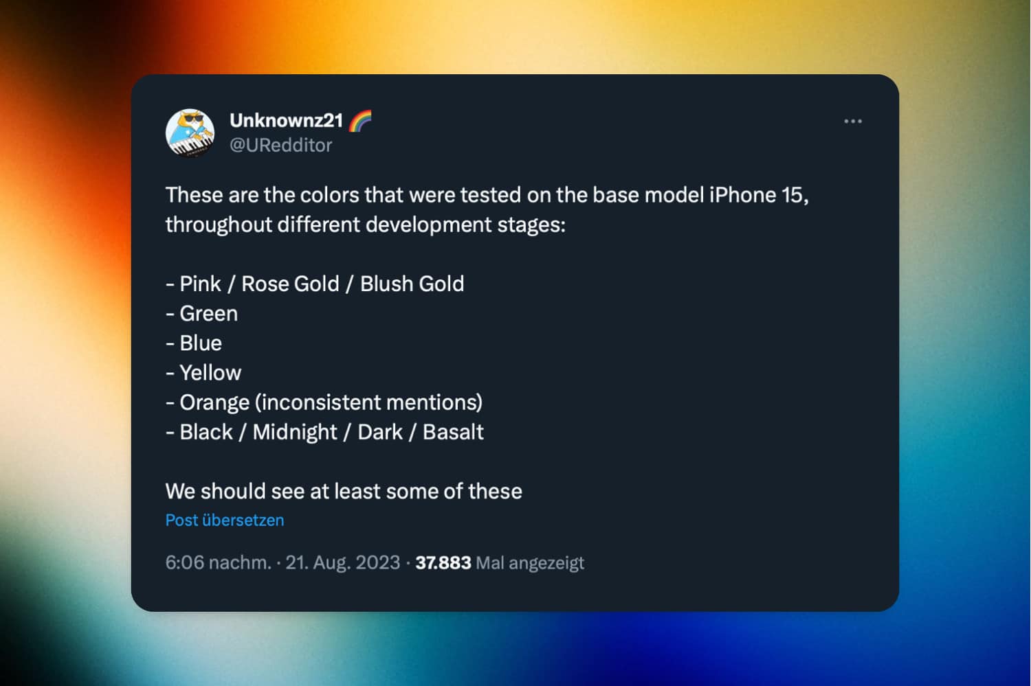 Tweet von Unknownz21 zu den iPhone 15-Farbvarianten