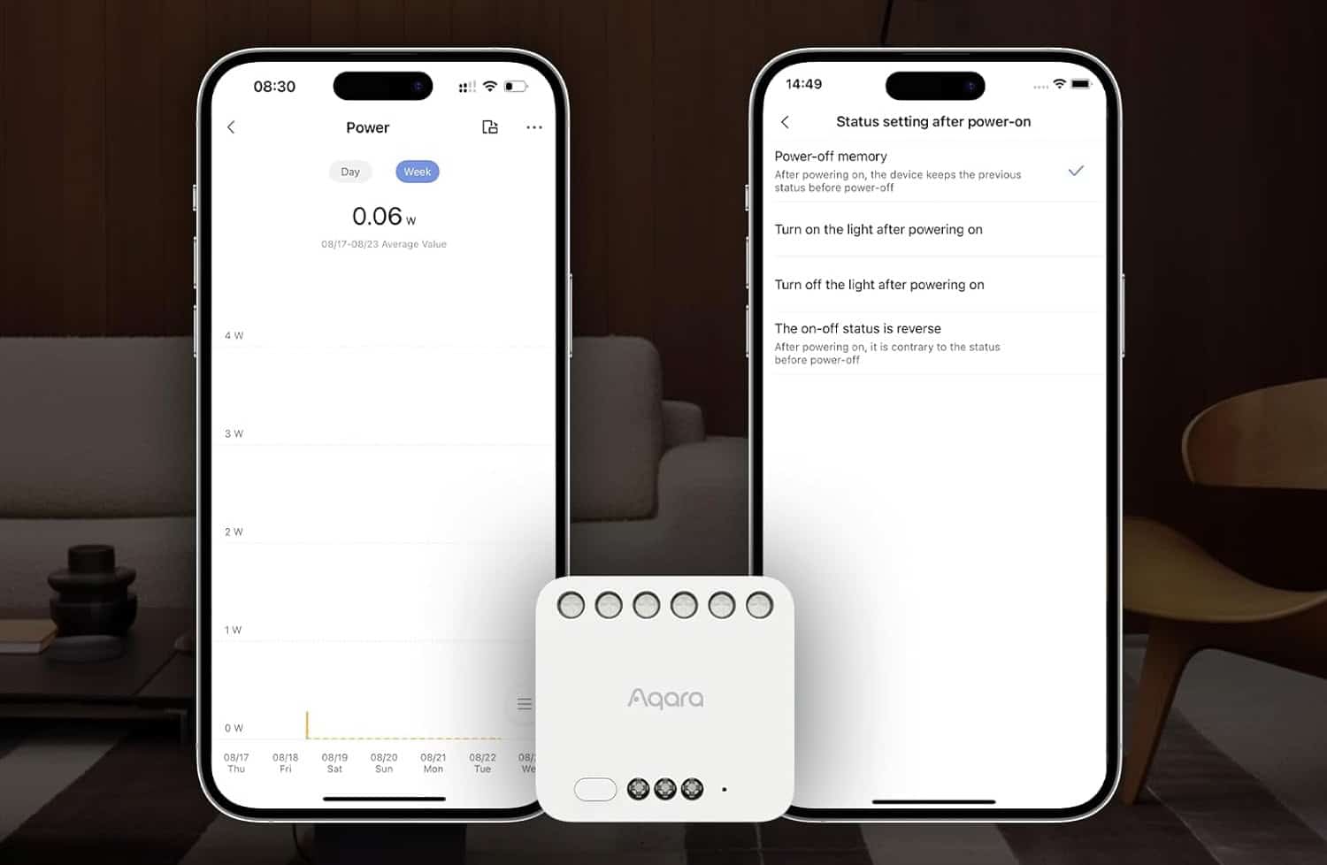 Screenshots der Stromverbrauchsmessung des Aqara Dual Relay Module T2