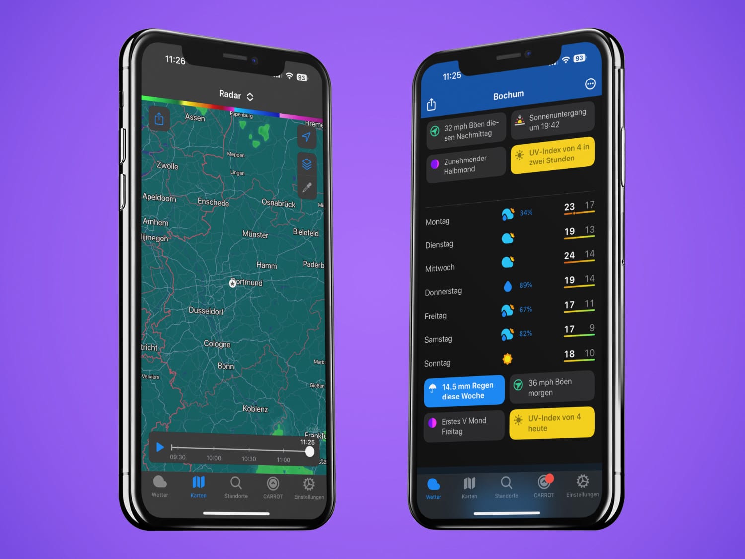 Zwei iPhone-Mockups von Carrot Weather in v5.12