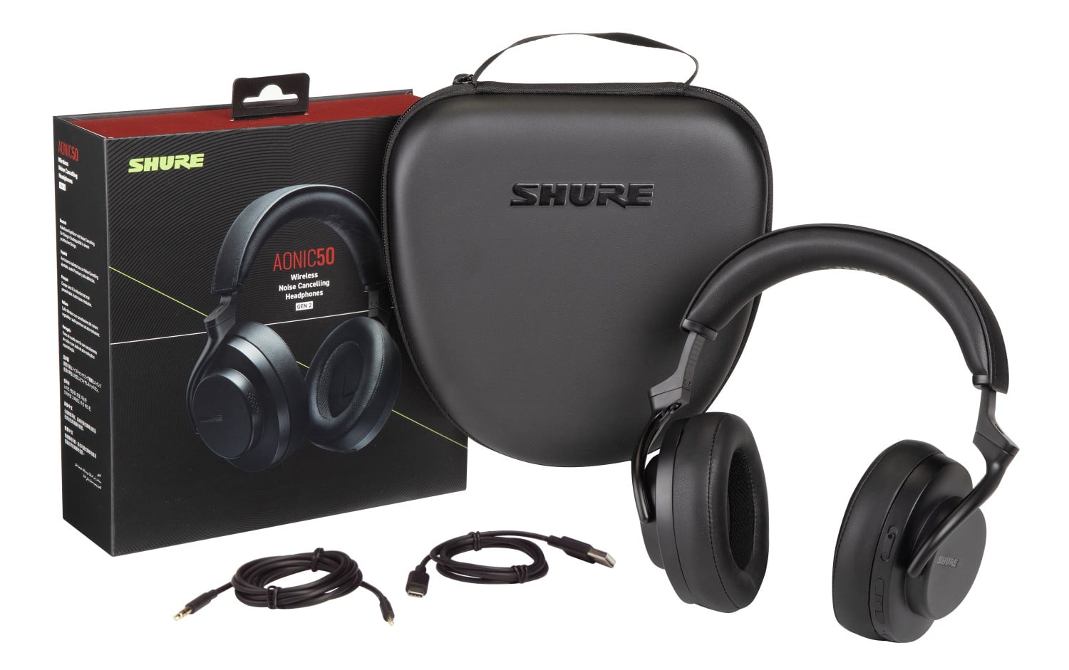 Der Shure AONIC 50 Gen 2 mit Verpackung, Case und Kabel