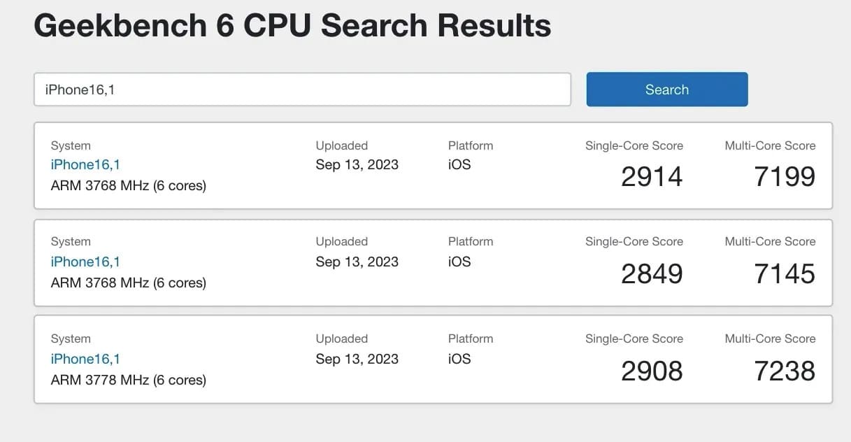 Geekbench-Ergebnisse für das iPhone 15 Pro