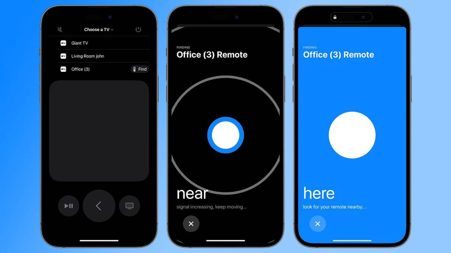 Drei Screenshots von einer Wo Ist?-Suche der Siri Remote