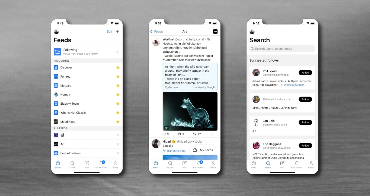 Drei Screenshots aus dem Bluesky-Client Graysky
