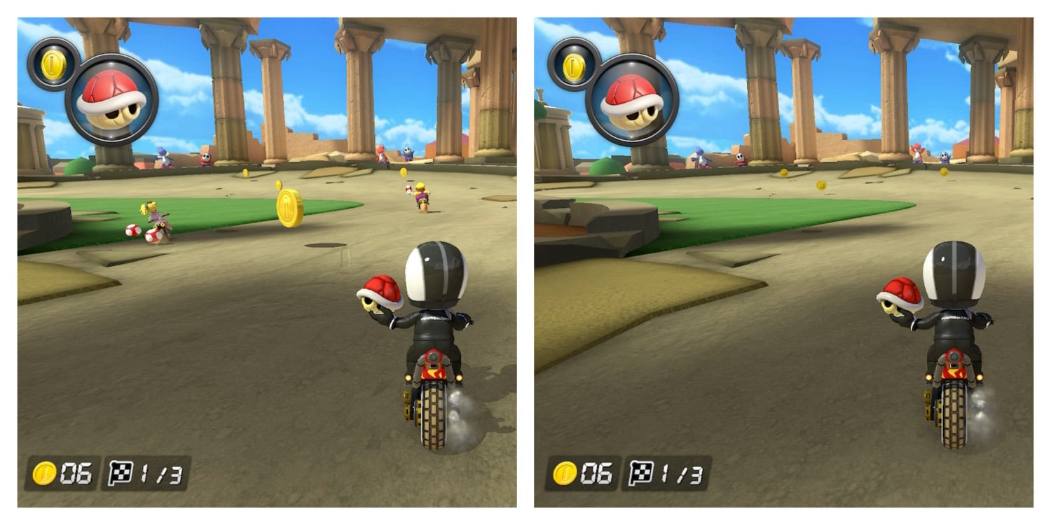Zwei Vergleichsbilder von Mario Kart 8 Deluxe ohne und mit eingeschaltetem mClassic