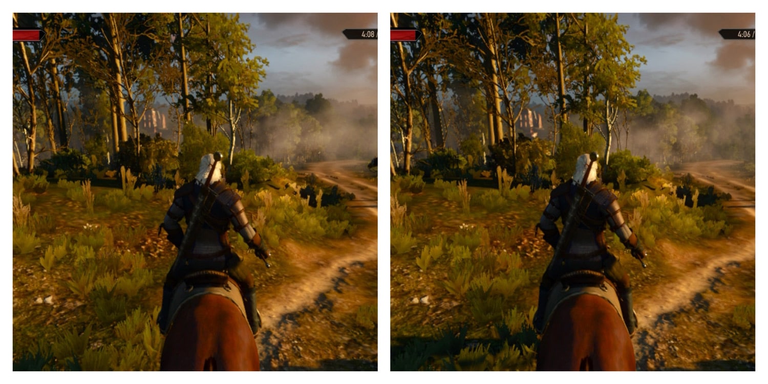 Zwei Vergleichsbilder von The Witcher ohne und mit eingeschaltetem mClassic