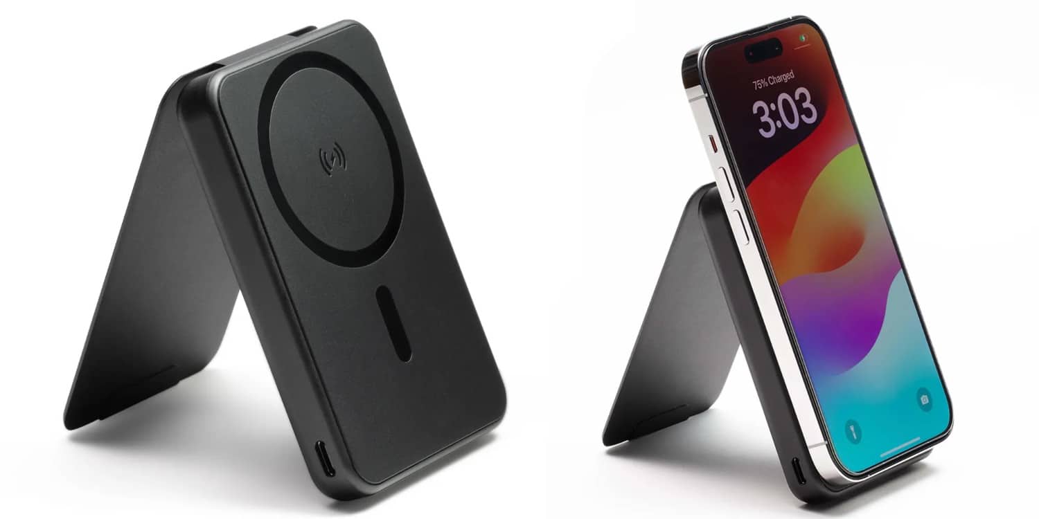Aufgestellte Mophie Snap+ Juice Pack Mini mit und ohne iPhone