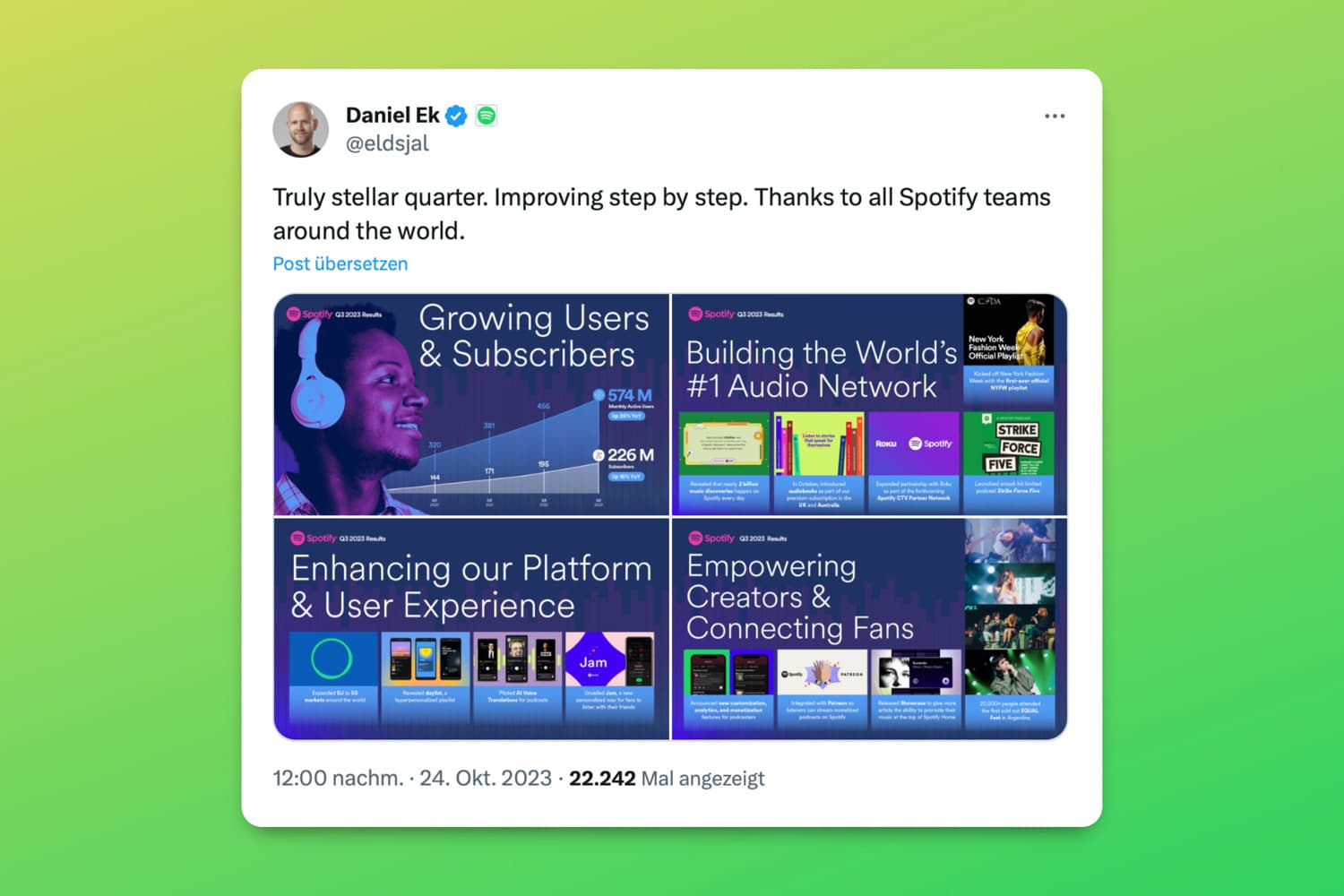 Tweet von Spotify-CEO Daniel Ek zu Quartalsergebnissen für Q3 2023