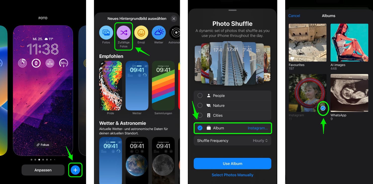 Vier Screenshots eines iPhones zur Einrichtung von Sperrbildschirm-Fotoalben unter iOS 17.1