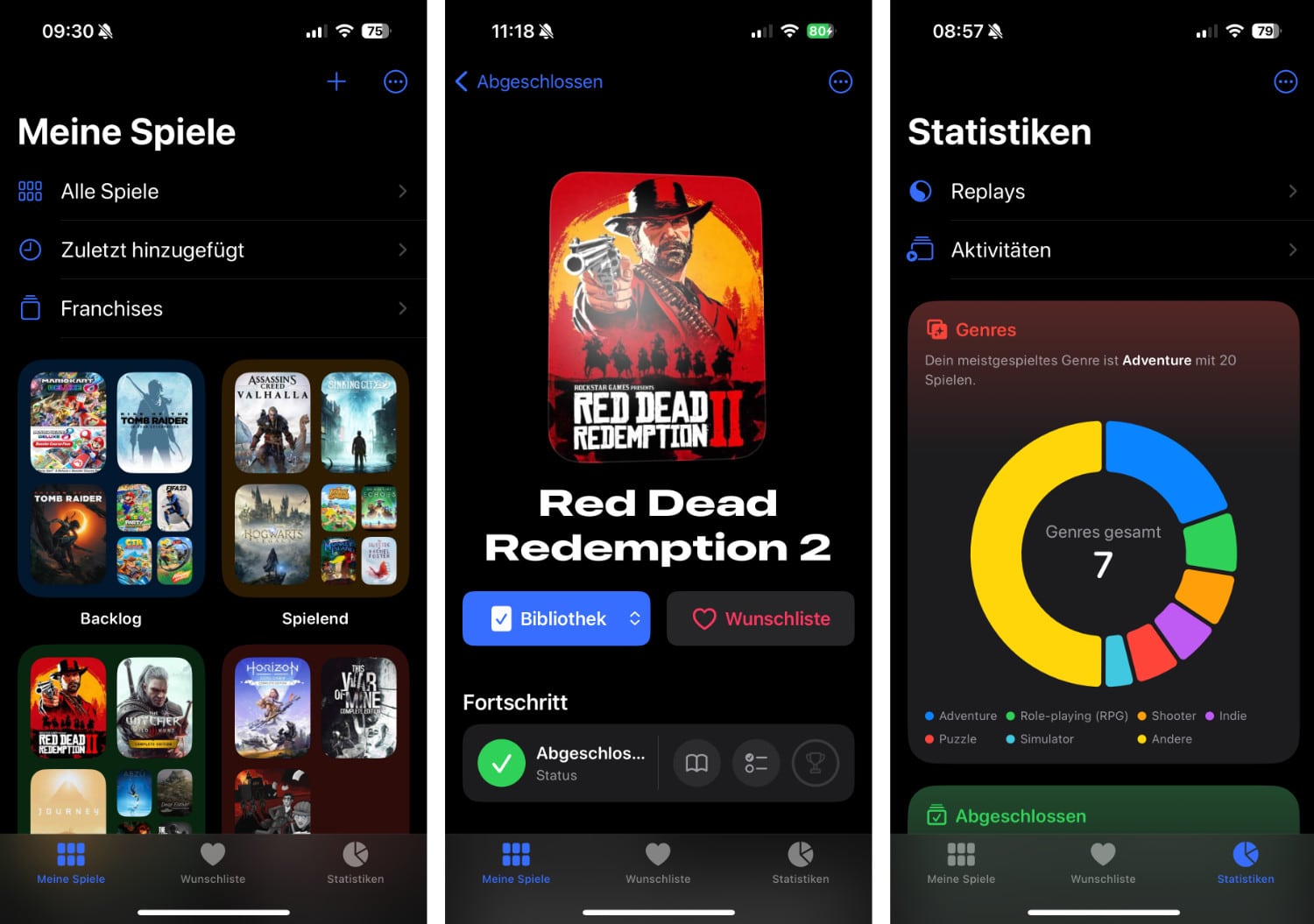 Drei Screenshots von Gamery auf einem iPhone