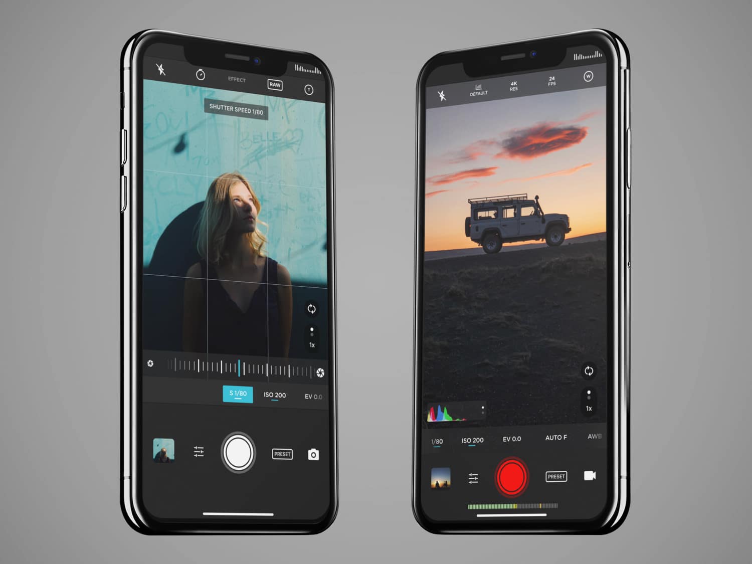 Zwei Screenshots von Moment Pro Camera auf zwei iPhones