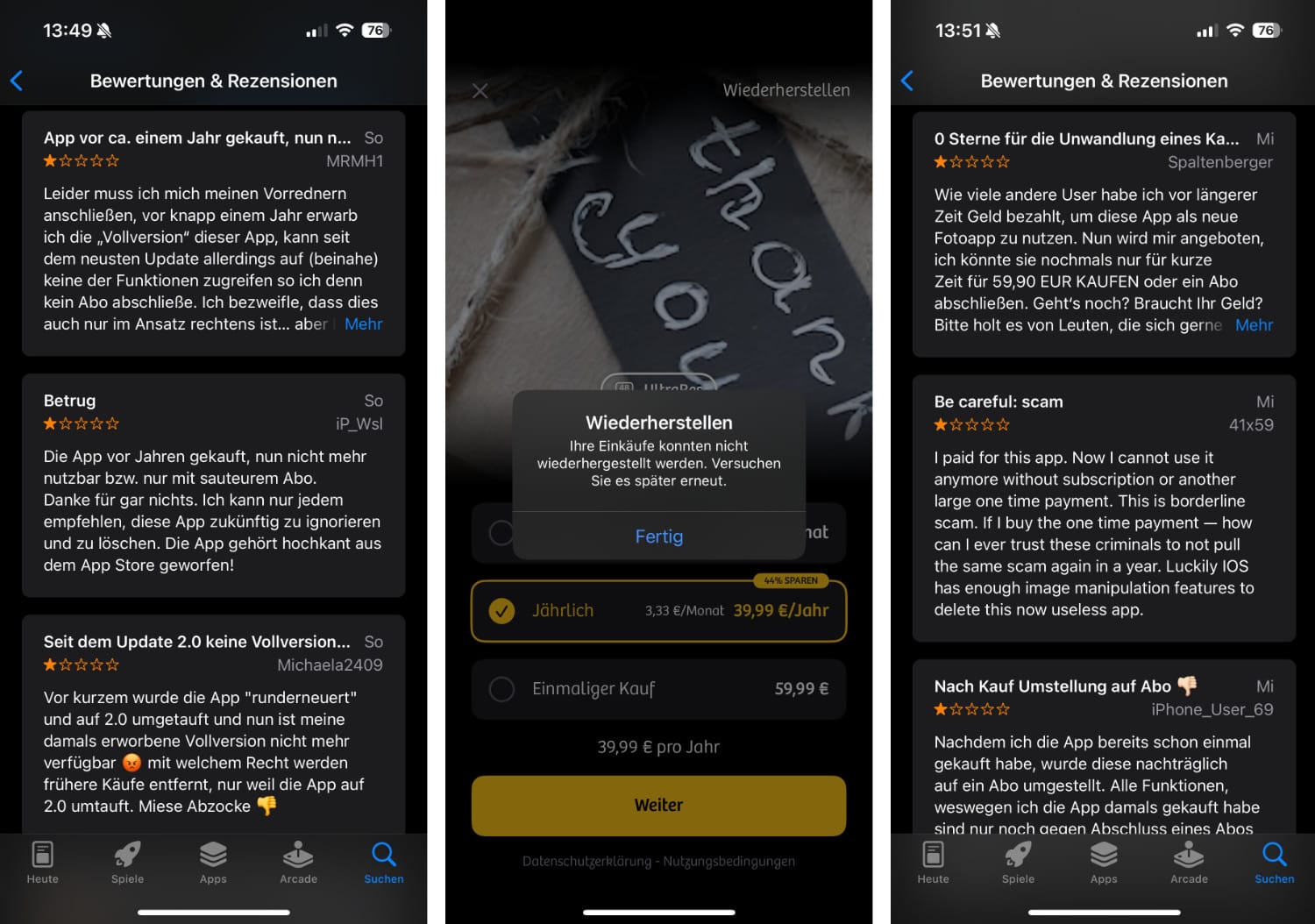 Drei Screenshots zu Camera+ mit schlechten App Store-Bewertungen und erfolgloser Kauf-Wiederherstellung