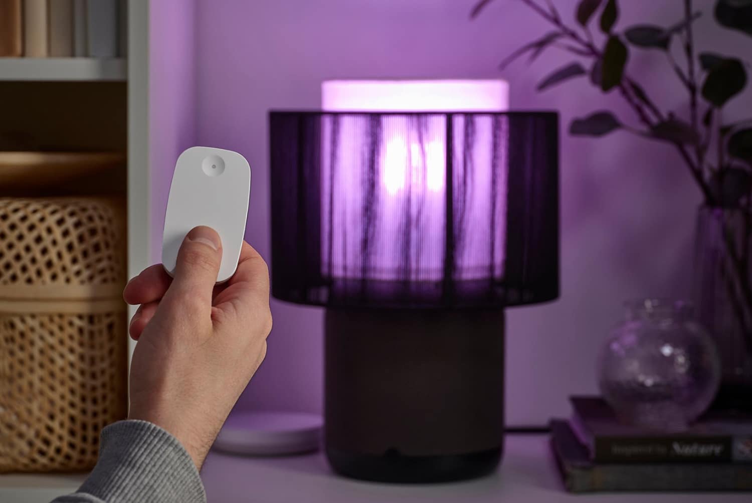 Eine Person steuert das Licht in einem Raum mit einem IKEA Somrig Button