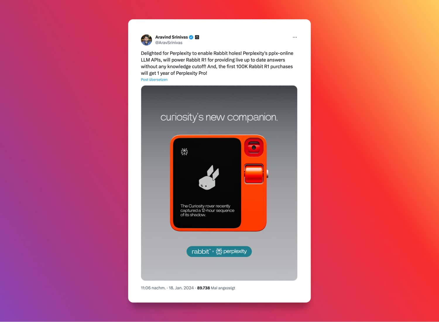 Partnerschaft von Rabbit mit Perplexity AI wird in einem Tweet angekündigt
