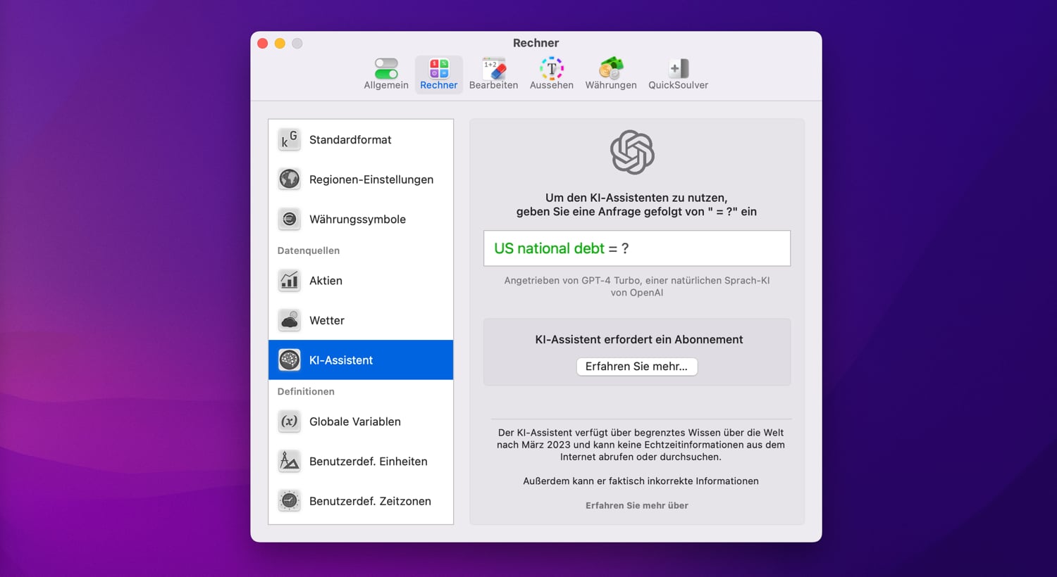 ChatGPT-Integration in den Einstellungen von Soulver 3 auf dem Mac