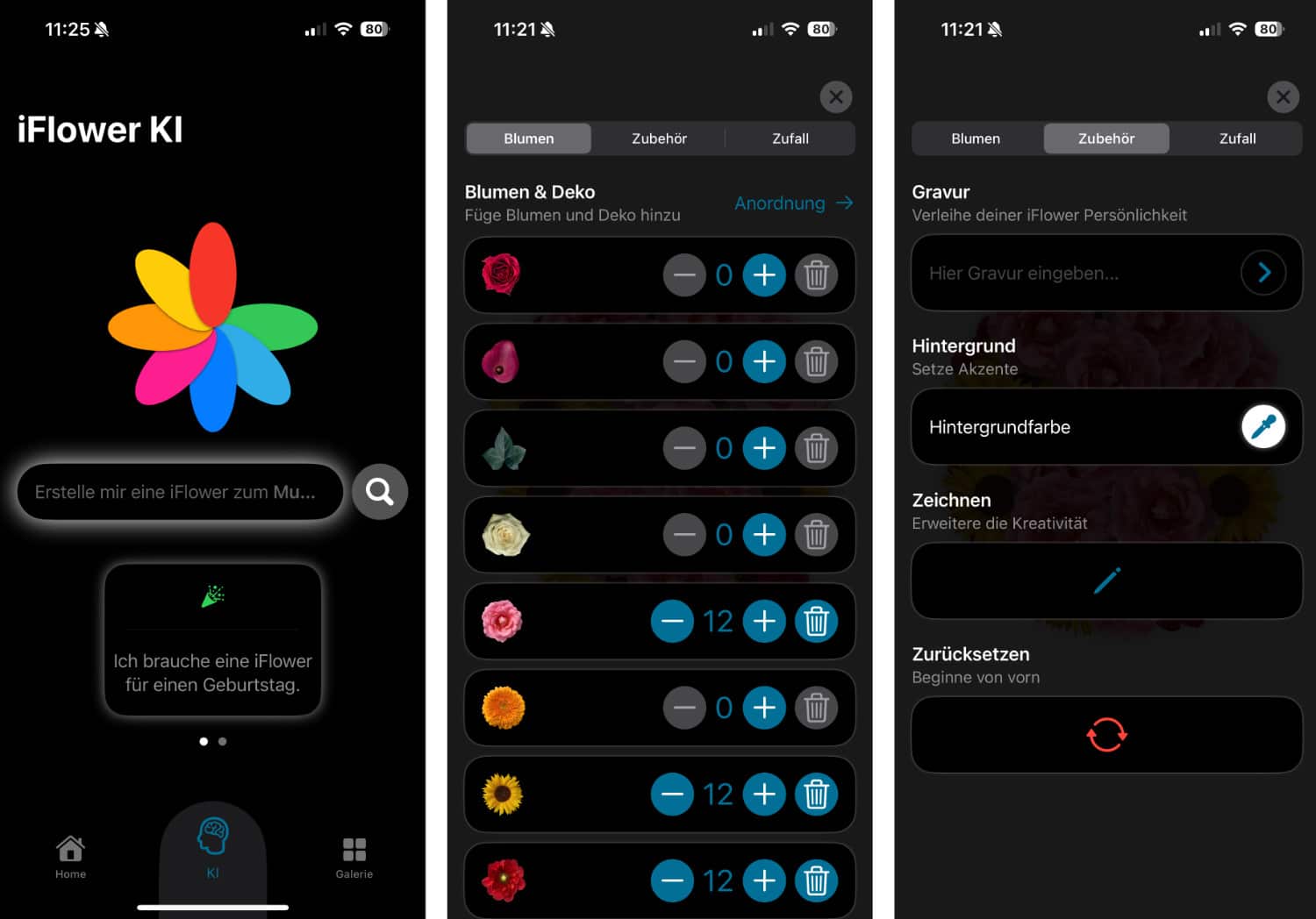 Drei iPhone-Screenshots aus iFlower