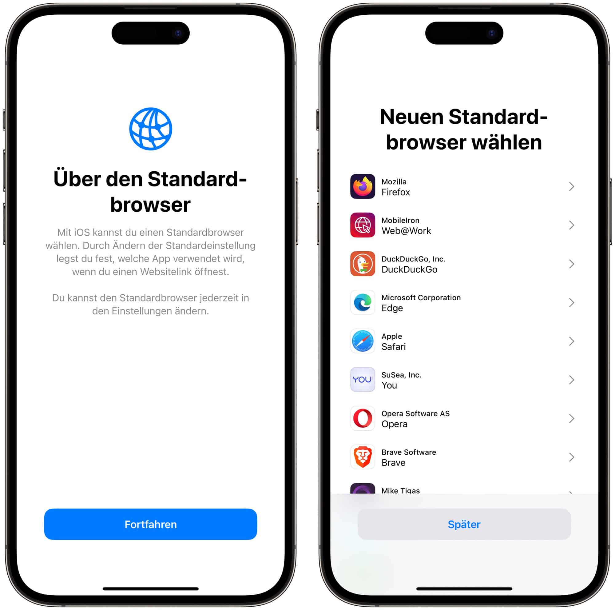 Screenshots zeigen neue Standardbrowser Auswahl auf dem iPhone mit iOS 17.4