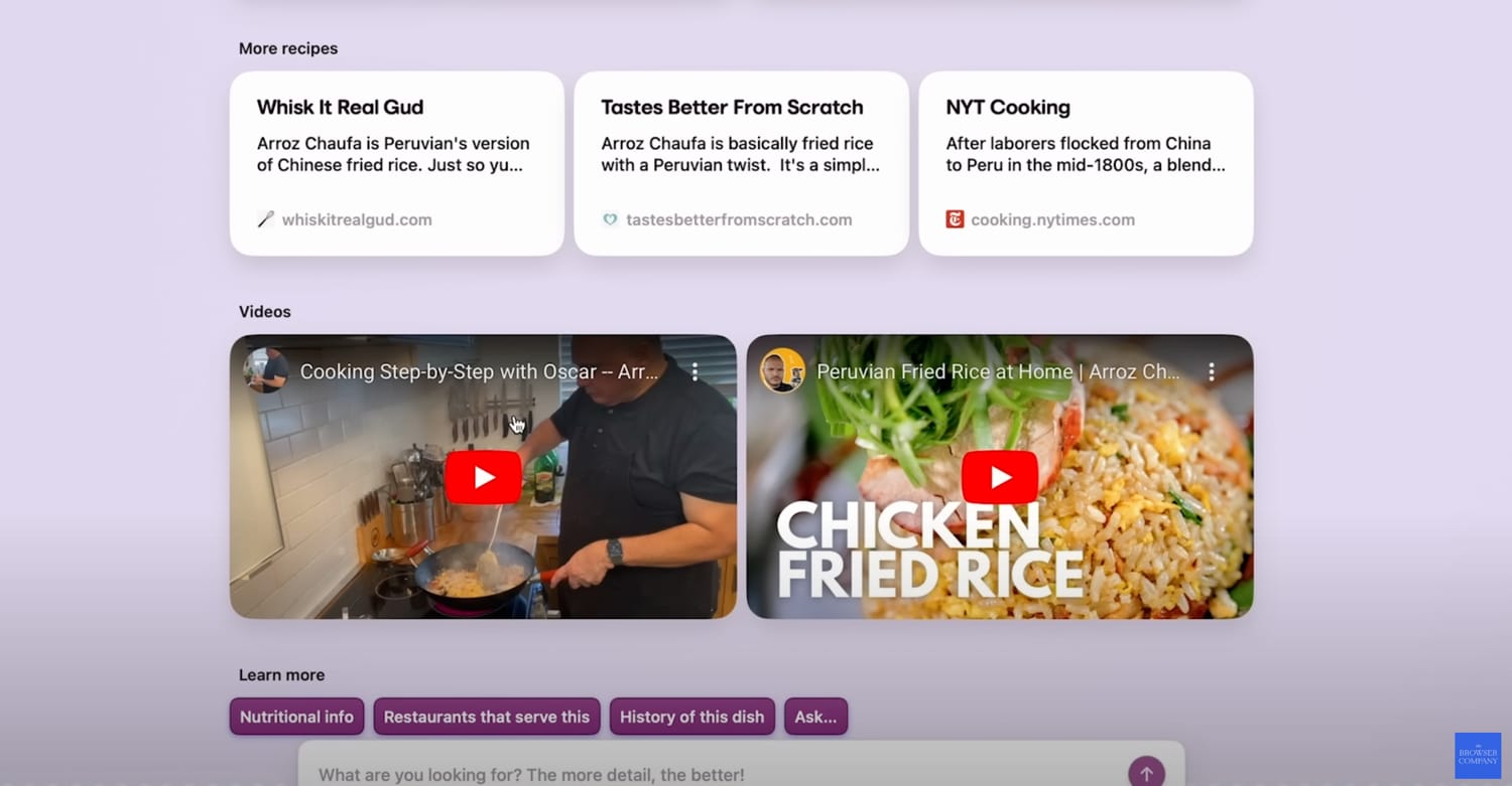 Arc Browser-Fenster mit KI-generierten Rezepten