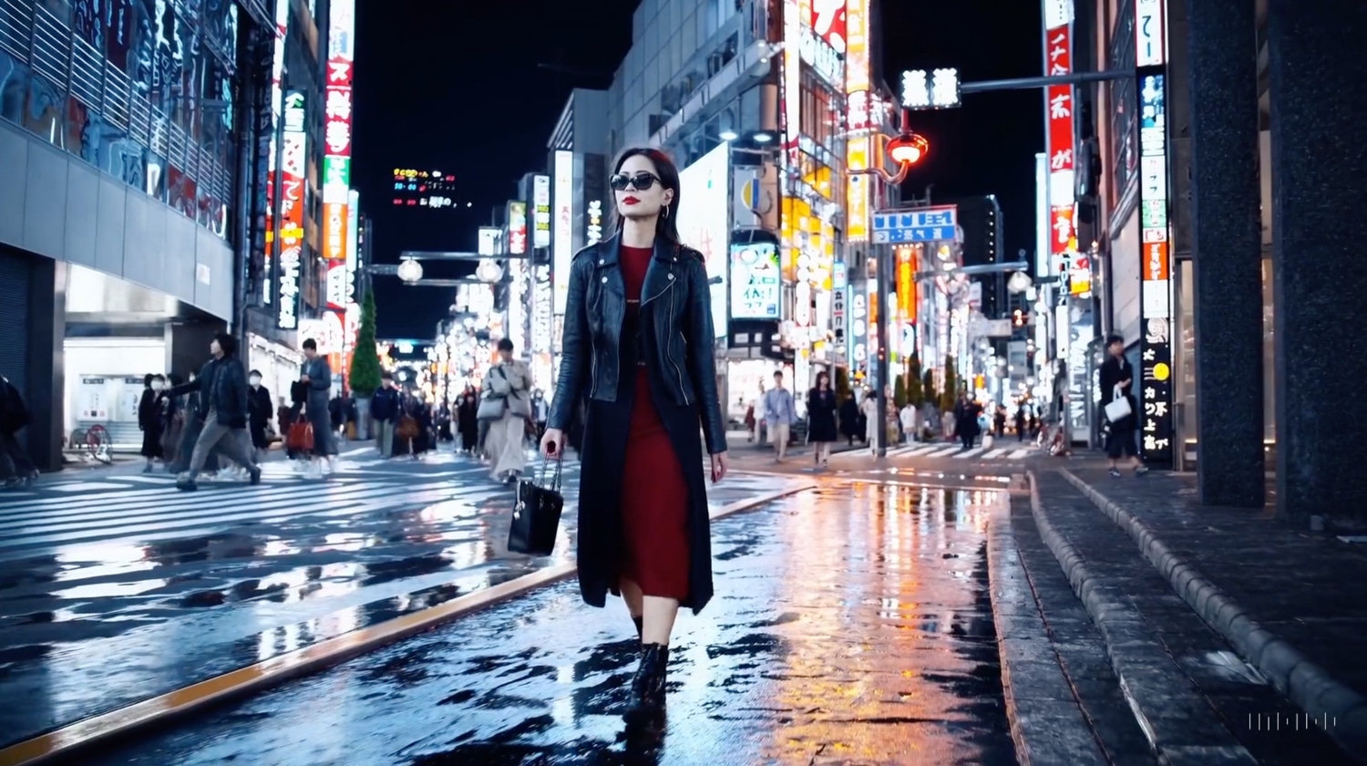Screenshot aus einem mit OpenAI Sora erstellten Videoclip: Eine Frau läuft eine hell erleuchtete Straße in Tokio entlang