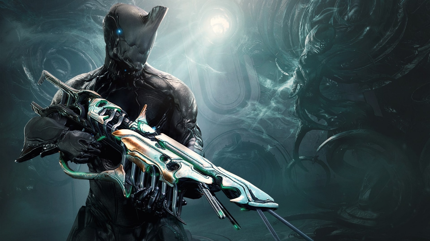 Warframe-Rendering mit bewaffneter Spielfigur