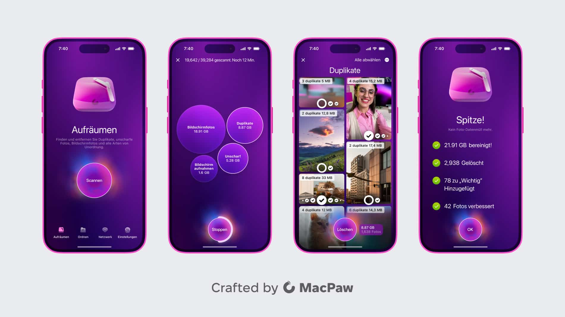 Screenshots der Funktion Aufräumen in der CleanMyPhone App