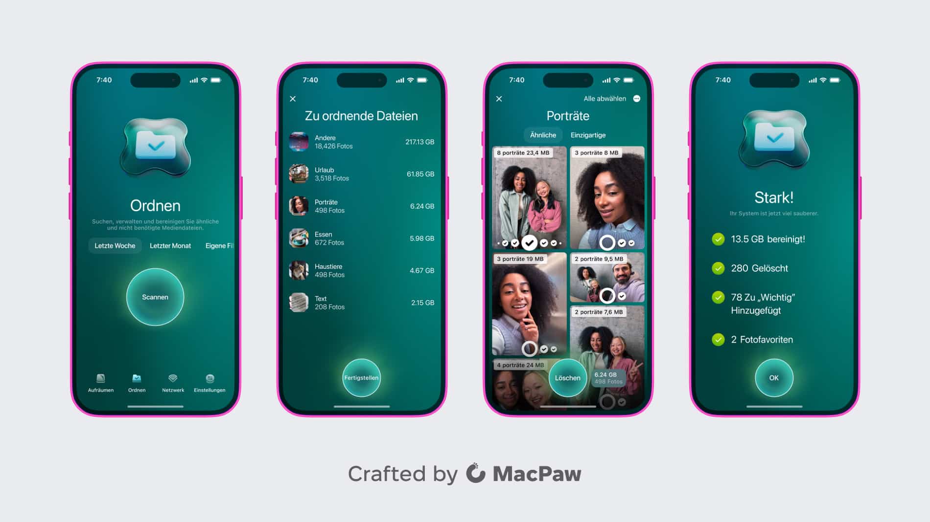 Screenshots der CleanMyPhone App zum Sortieren von Fotos