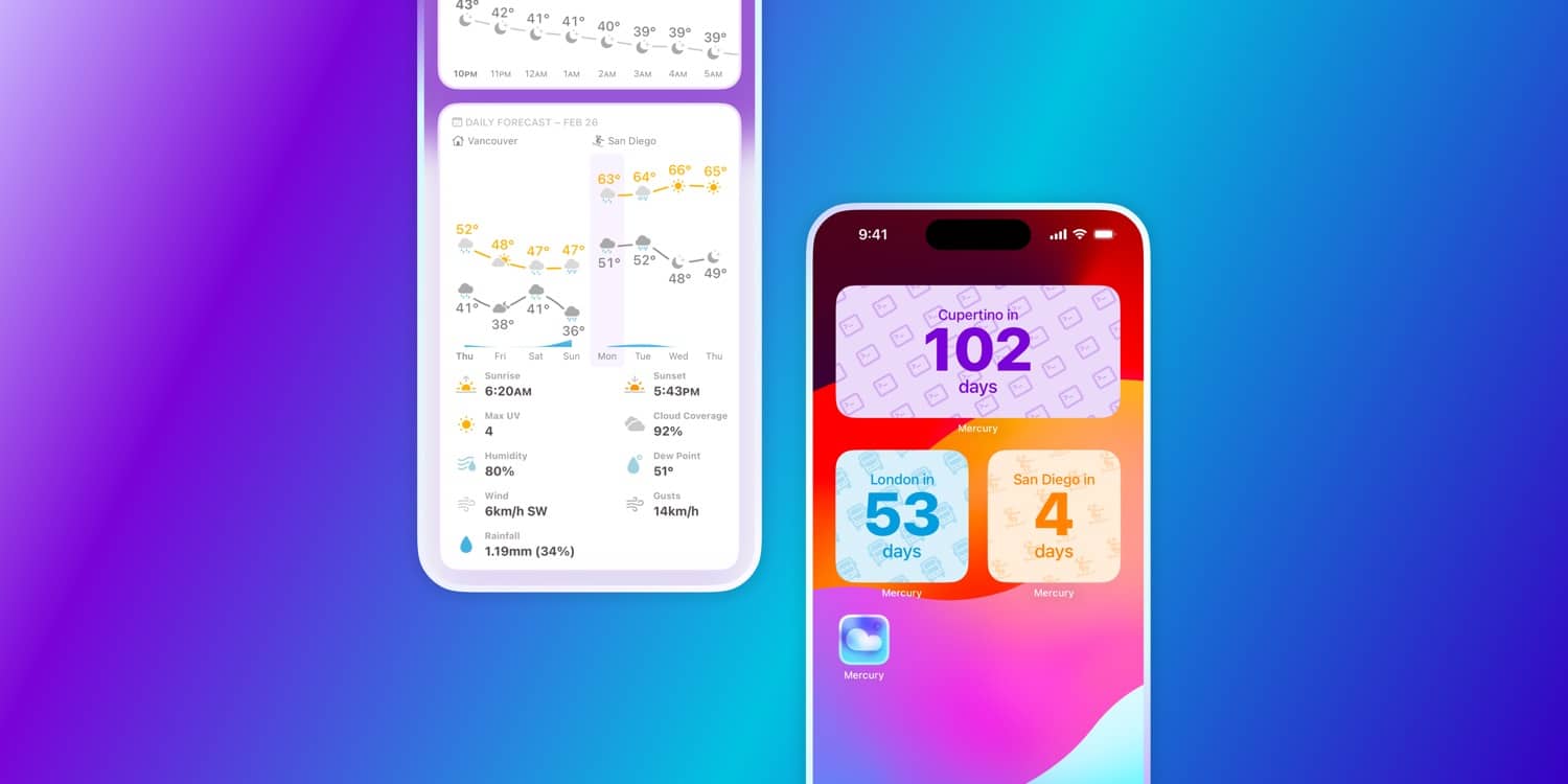 Die neuen Trip-Countdown-Widgets in Mercury Weather
