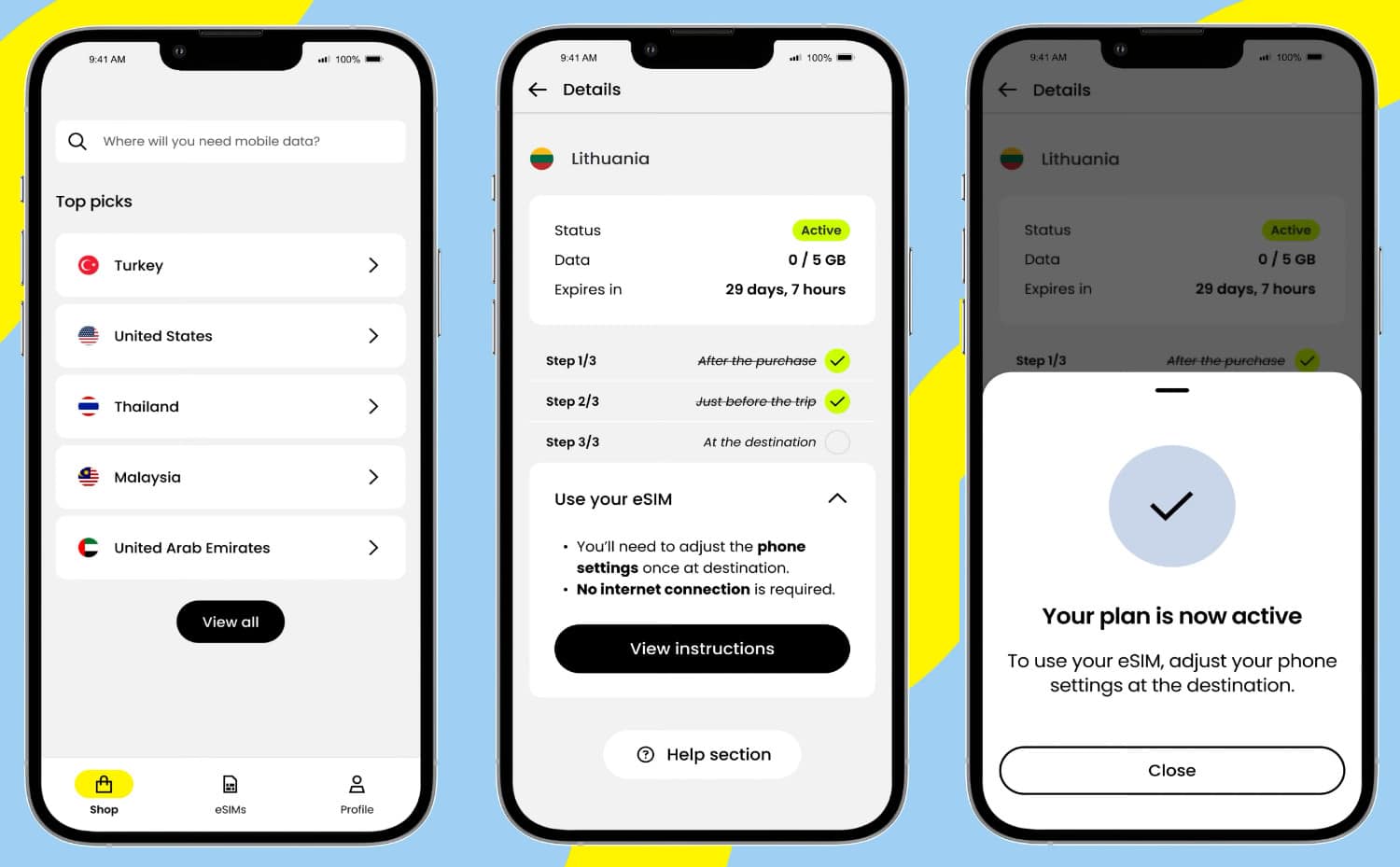 Drei iPhone-Screenshots von Saily mit Tarifauswahl und Aktivierung