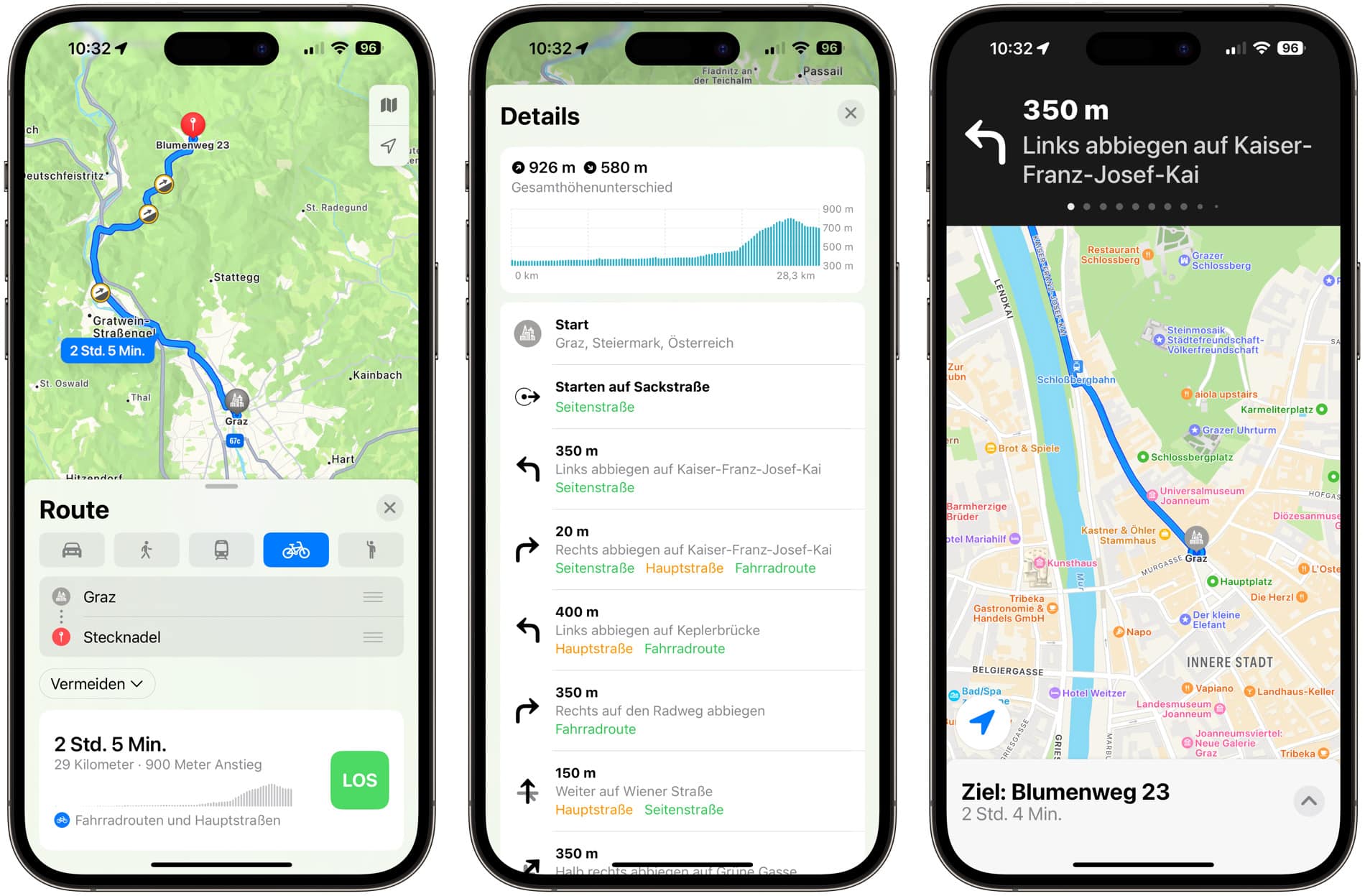 Screenshots von Apple Karten mit Fahrradnavigation in Österreich