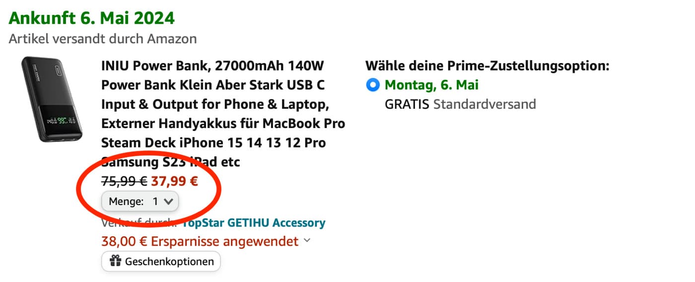 Iniu Powerbank bei Amazon im Warenkorb