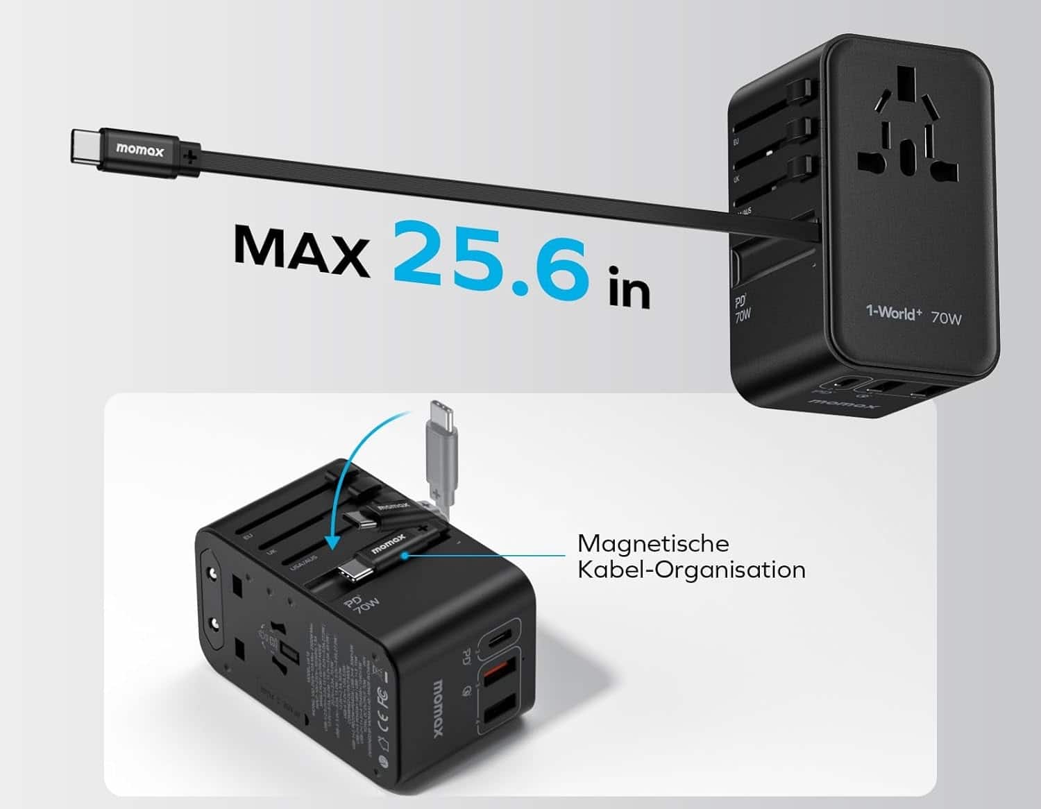 65 Zentimeter langes USB-C Kabel im neuen Momax Reiseadapter
