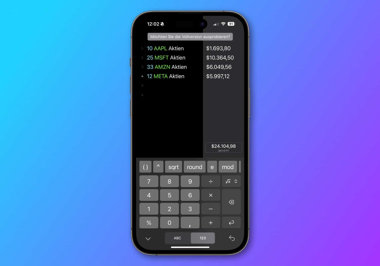 Soulver 3 mit Aktienkalkulation auf einem iPhone