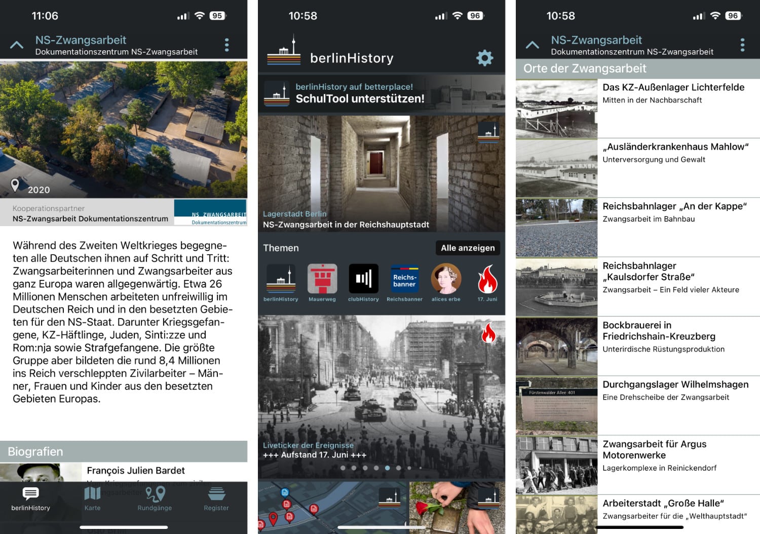 Drei Screenshots zum Thema Zwangsarbeit in der berlinHistory-App
