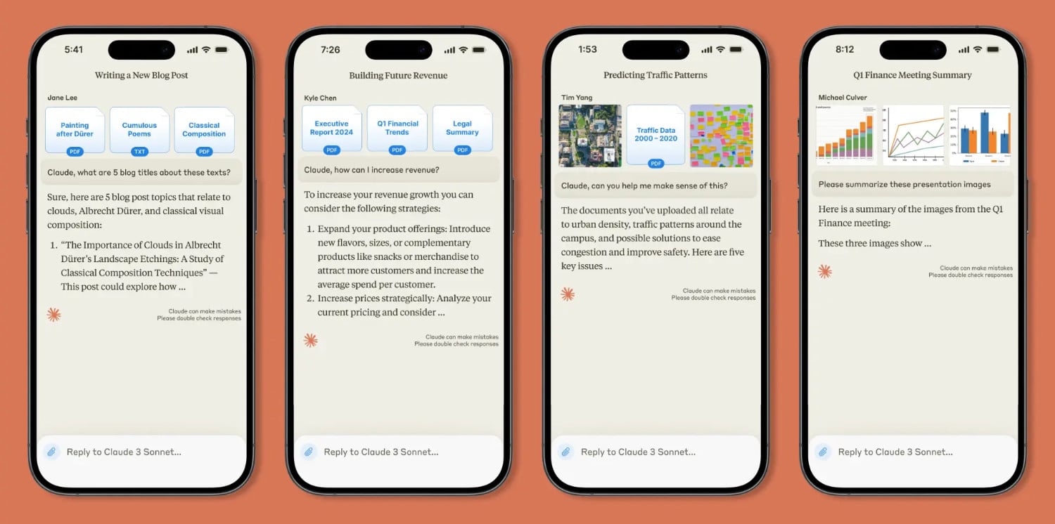 Vier iPhone-Screenshots von Claude AI