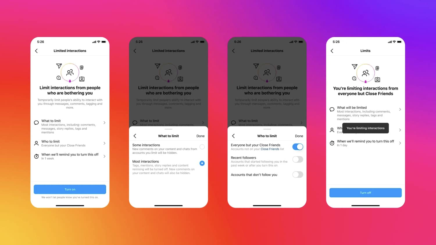 Vier Smartphone-Screenshots zur Limits-Funktion von Instagram