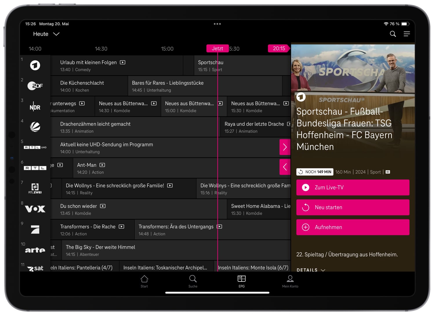 EPG-Ansicht auf einem iPad