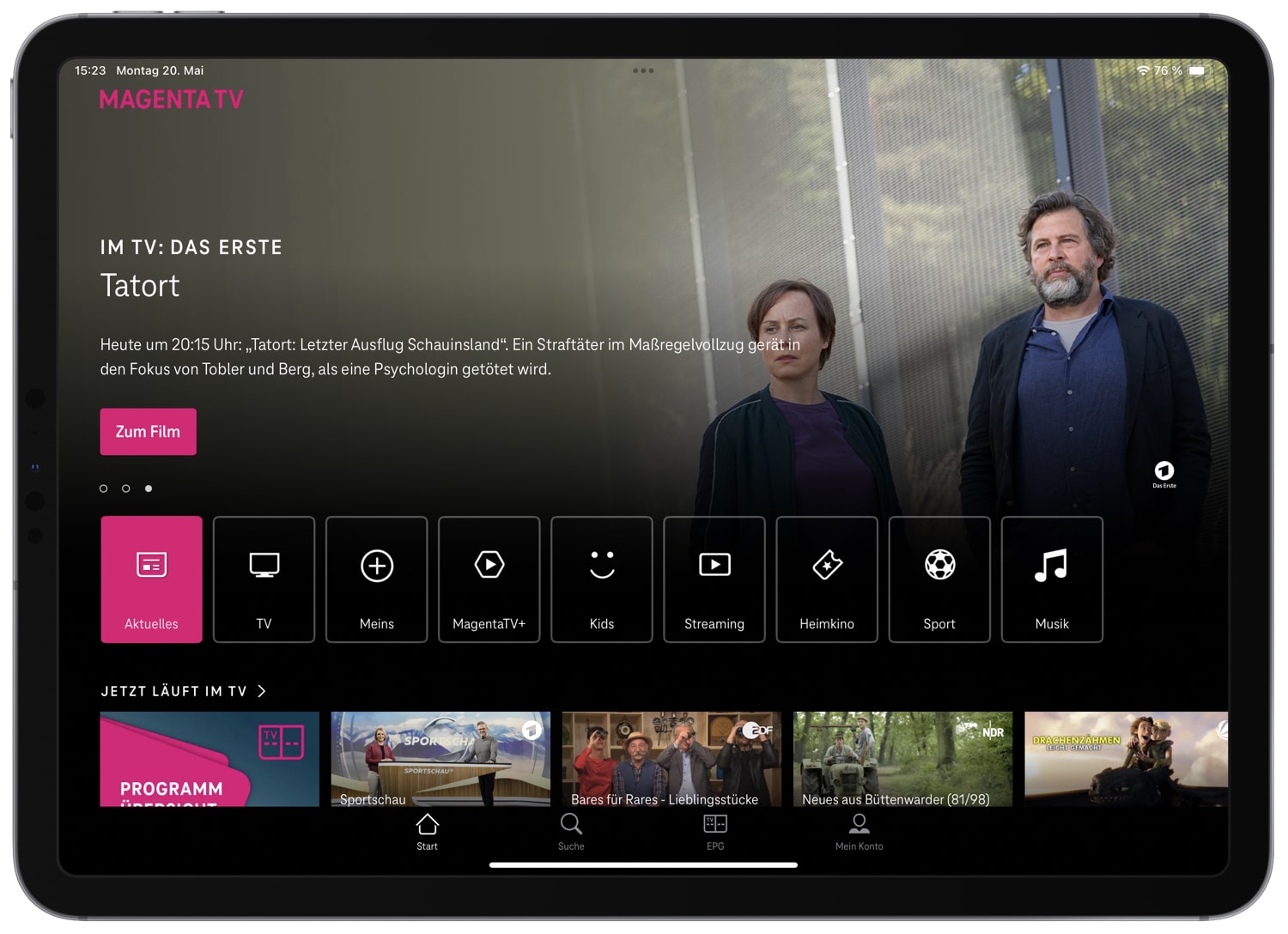 Startbildschirm von MagentaTV auf einem iPad