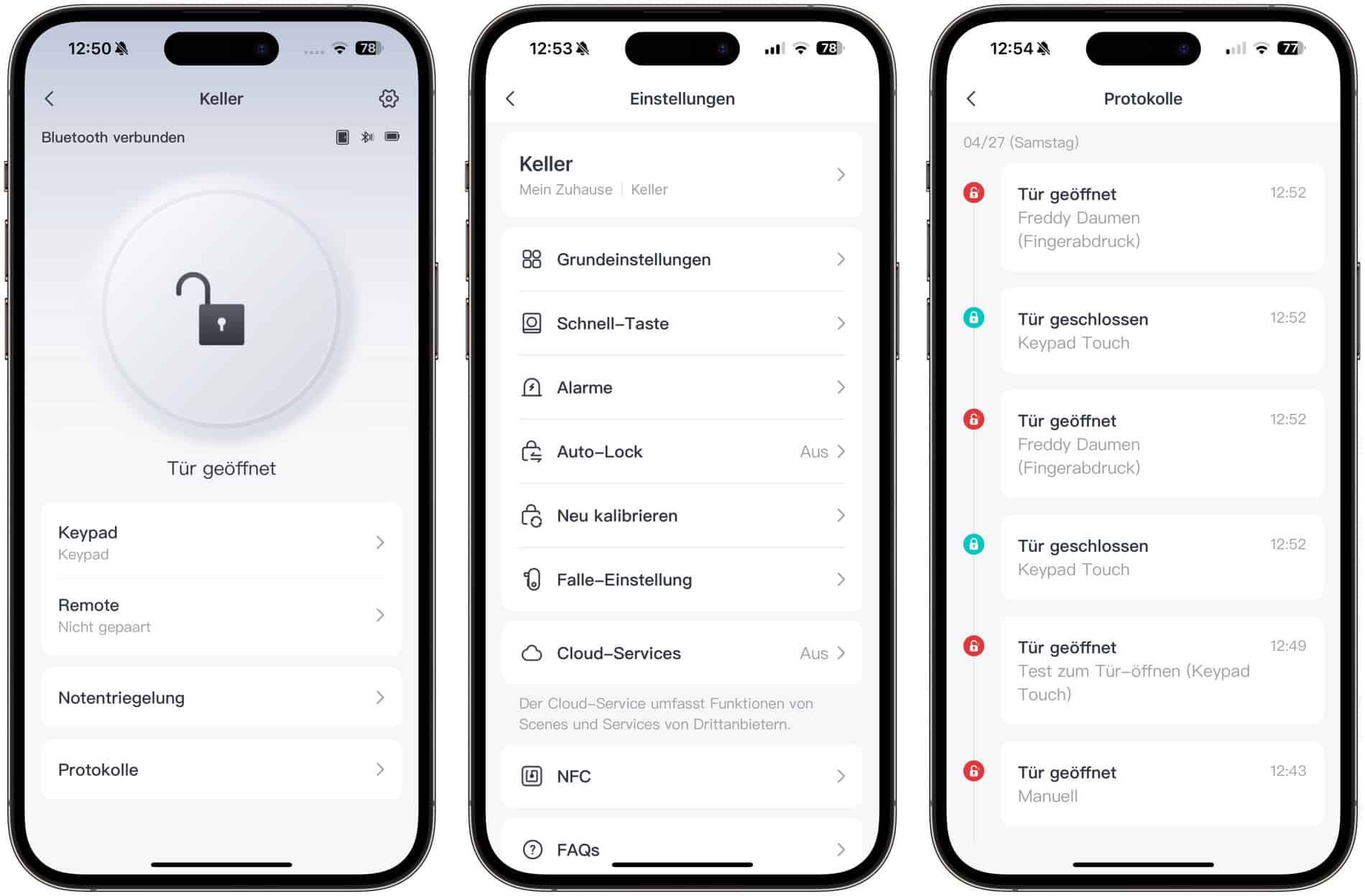 Screenshots der Switchbot-App für das SwitchBot Lock Pro