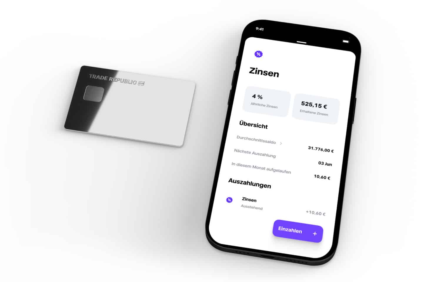 Trade Republic-Karte und iPhone-App mit Zinsansicht