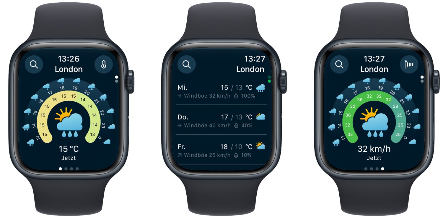 Screenshots der Ventusky App für die Apple Watch