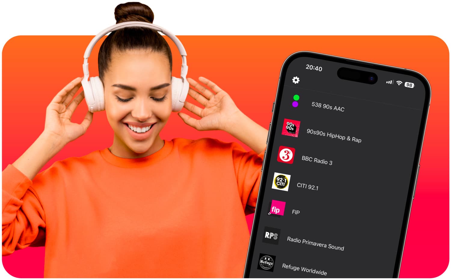 Eter-App auf dem iPhone mit einer Frau und Kopfhörern