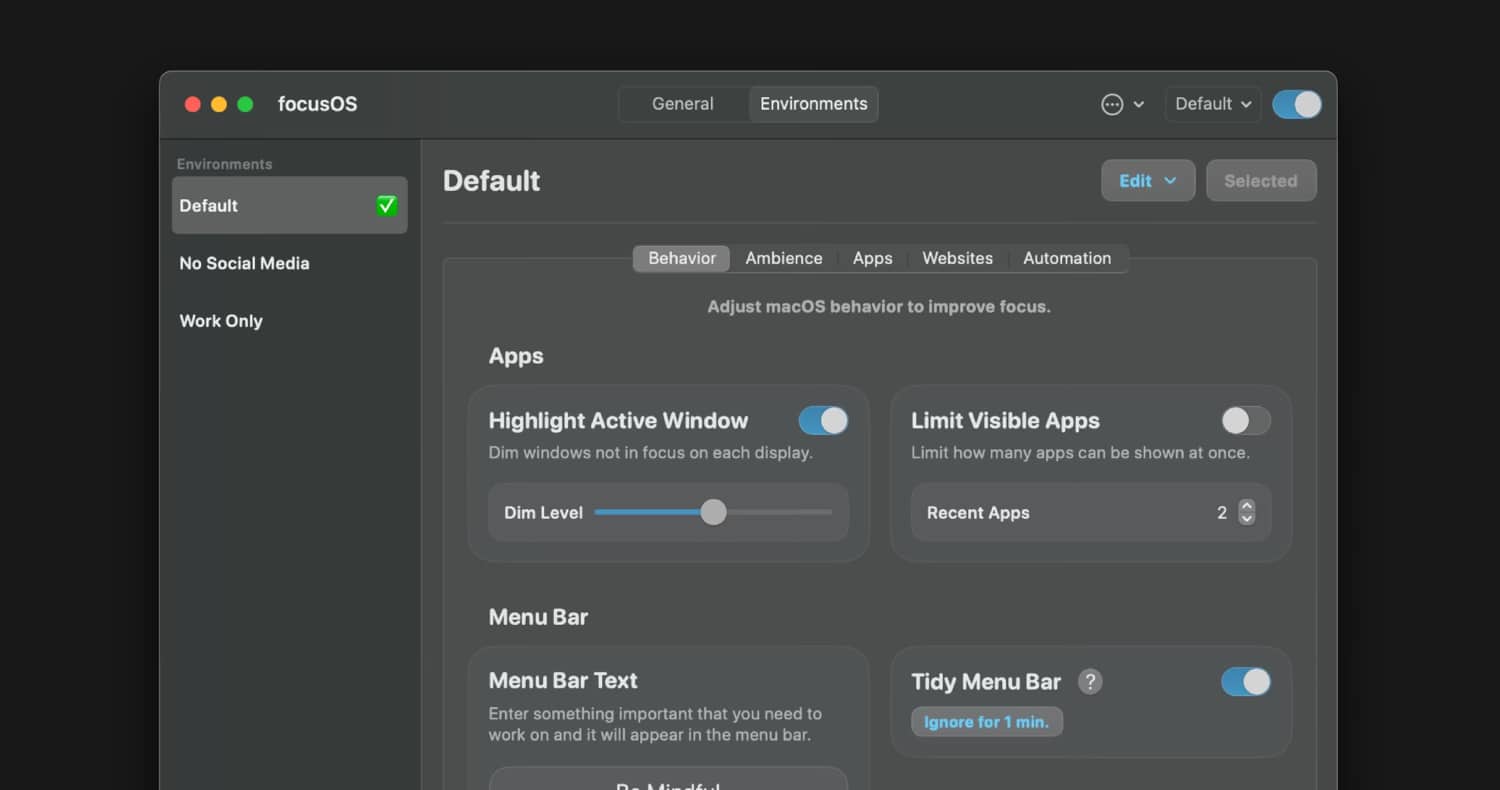 Screenshot von focusOS auf einem Mac