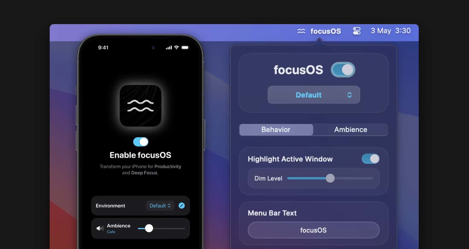 Screenshot von focusOS auf einem Mac und iPhone