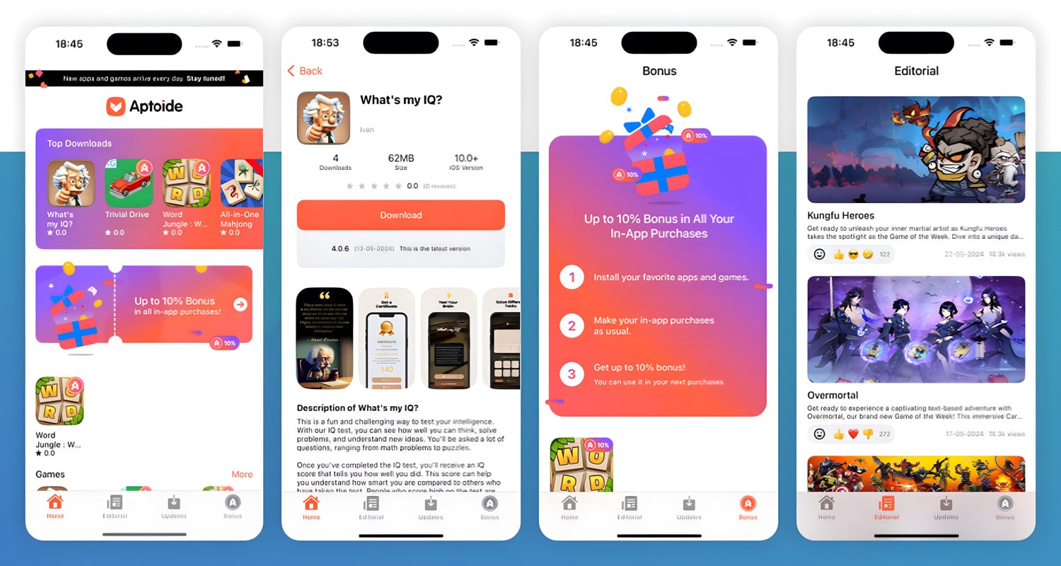 Vier Screenshots aus dem iOS App Store von Aptoide