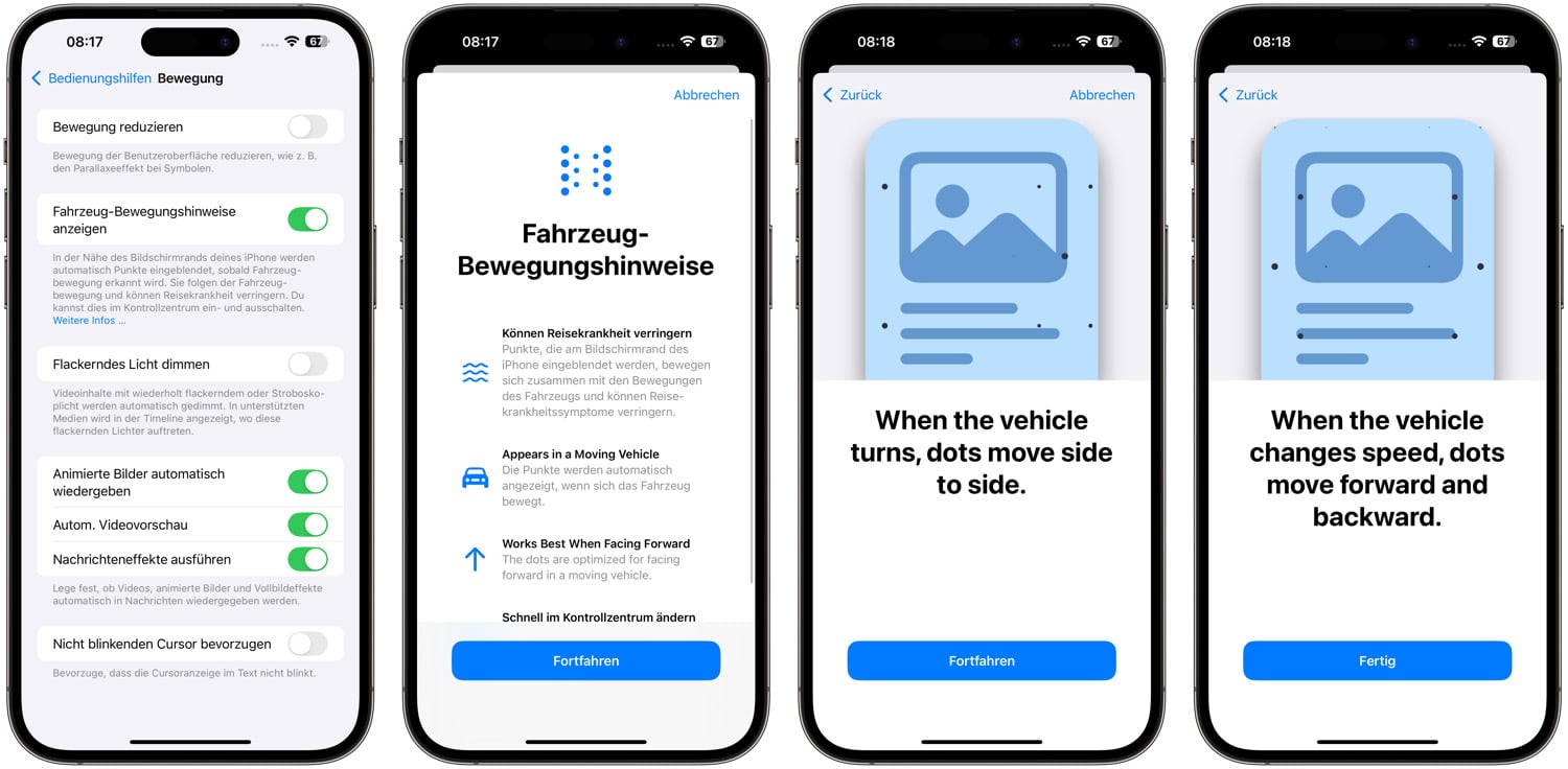 Vier iPhone-Screenshots zeigen die Einrichtung von Fahrzeug-Bewegungshinweisen unter iOS 18
