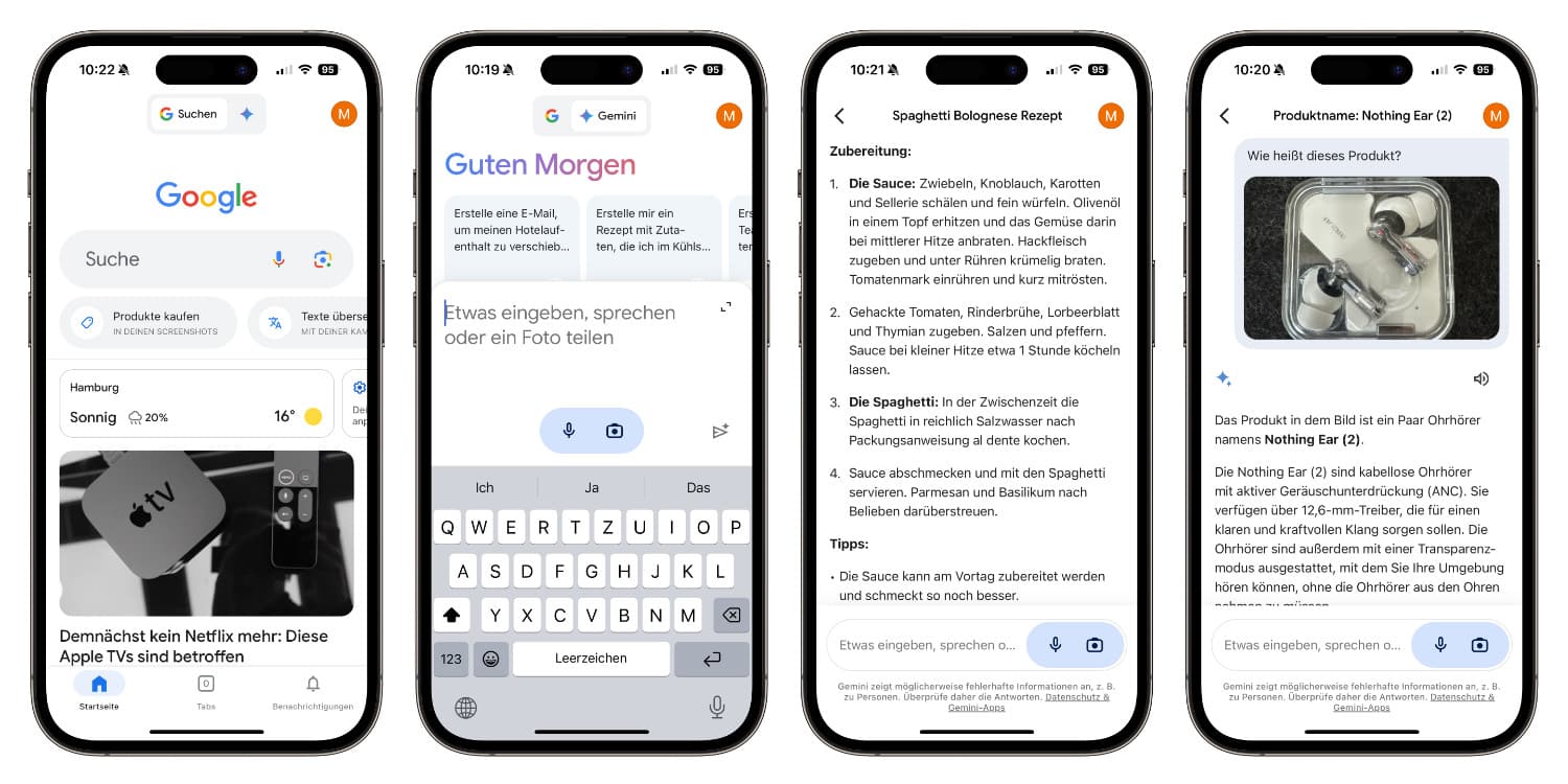 Vier Screenshots von Google Gemini auf einem iPhone