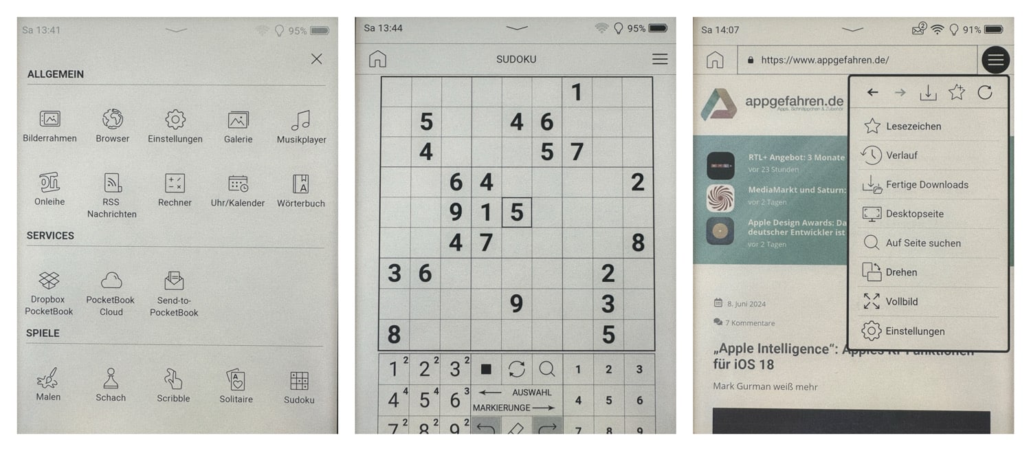 Drei Screenshots von Menü und Apps beim PocketBook InkPad Color 3