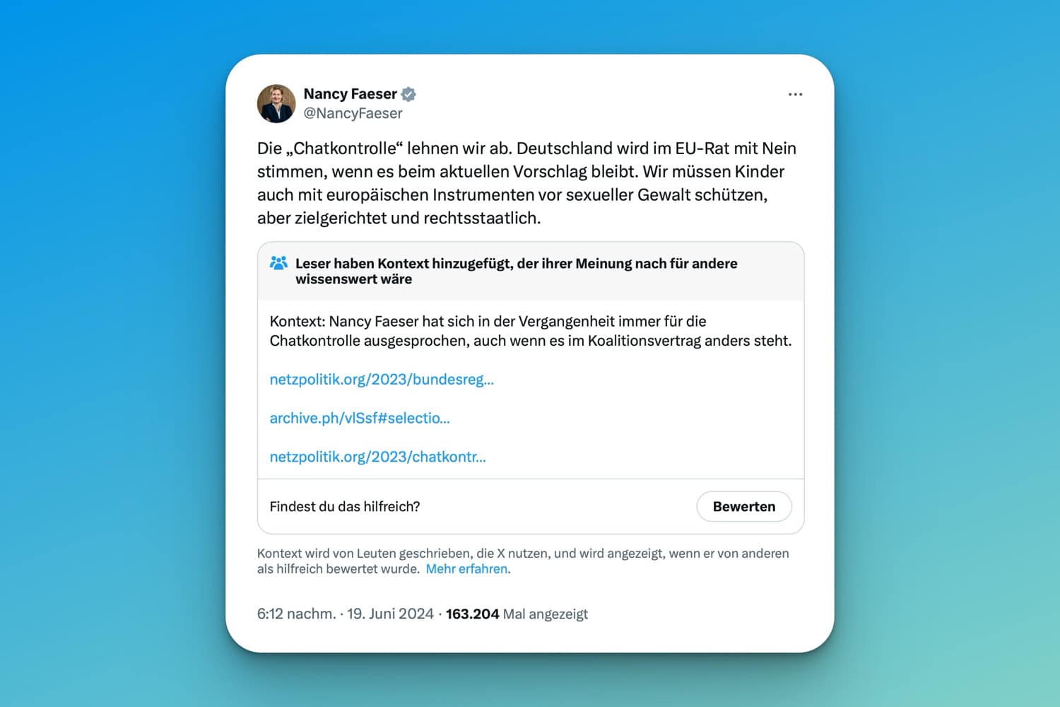 Tweet von Nancy Faeser zur Chatkontrolle der EU